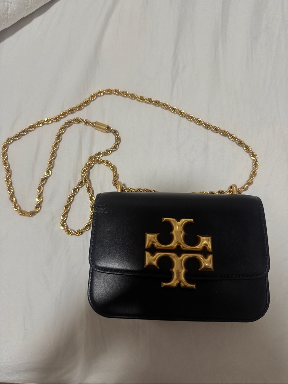 Tory Burch Black Leather Crossbody with Gold Logo and Chain AUTHENTIC